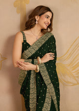 Dark Green Art Silk Embroidery Work Saree With Unstitched Blouse Piece For Woman's