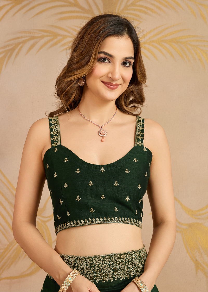 Dark Green Art Silk Embroidery Work Saree With Unstitched Blouse Piece For Woman's