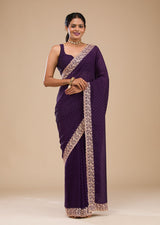 Purple Art Silk Embroidery Work Saree With Unstitched Blouse Piece For Woman's