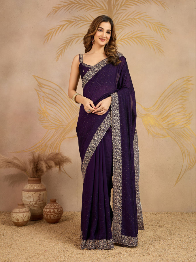 Purple Art Silk Embroidery Work Saree With Unstitched Blouse Piece For Woman's Trendmalls