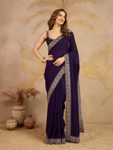 Purple Art Silk Embroidery Work Saree With Unstitched Blouse Piece For Woman's