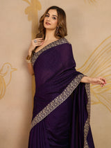 Purple Art Silk Embroidery Work Saree With Unstitched Blouse Piece For Woman's