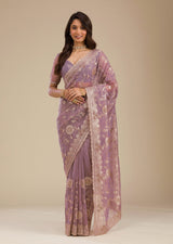 Light Purple Net Embroidery Work Saree With Unstitched Blouse Piece For Woman's