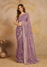 Light Purple Net Embroidery Work Saree With Unstitched Blouse Piece For Woman's