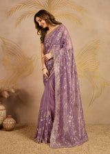 Light Purple Net Embroidery Work Saree With Unstitched Blouse Piece For Woman's