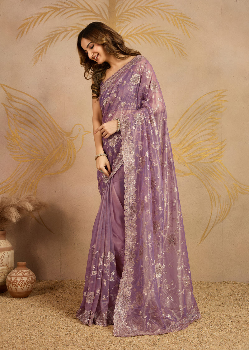 Light Purple Net Embroidery Work Saree With Unstitched Blouse Piece For Woman's