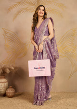 Light Purple Net Embroidery Work Saree With Unstitched Blouse Piece For Woman's