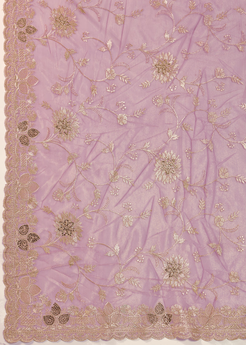Light Purple Net Embroidery Work Saree With Unstitched Blouse Piece For Woman's