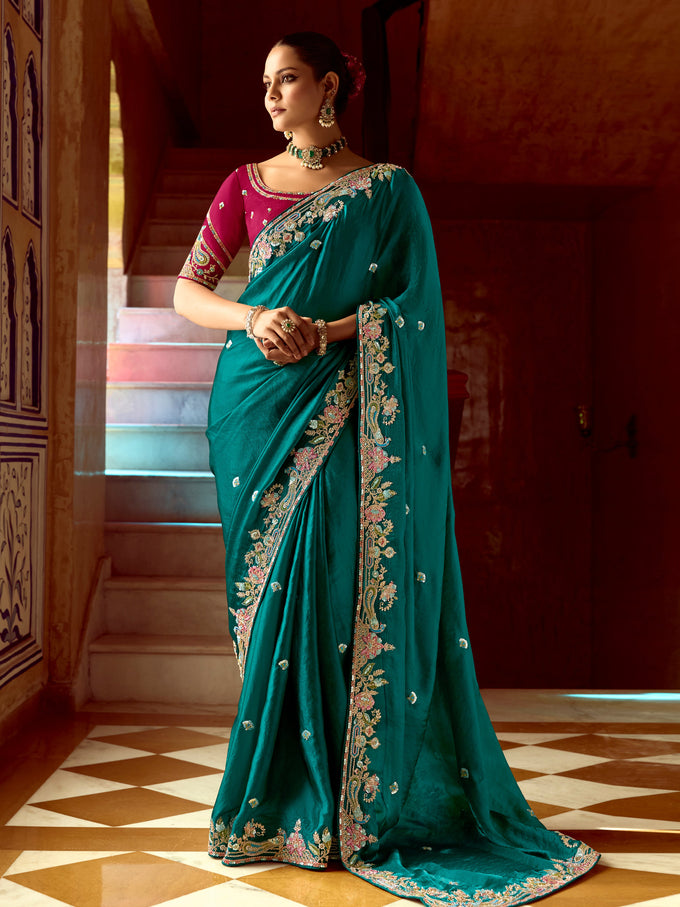Teal Blue Satin Embroidery Sequence work Saree with Unstitched Blouse Piece Trendmalls