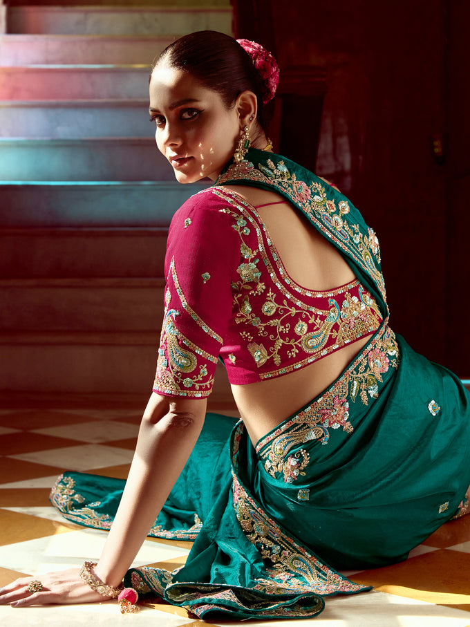 Teal Blue Satin Embroidery Sequence work Saree with Unstitched Blouse Piece Trendmalls