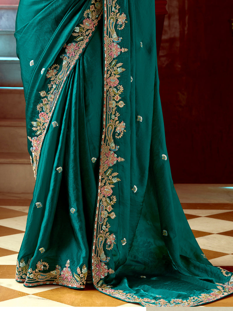 Teal Blue Satin Embroidery Sequence work Saree with Unstitched Blouse Piece Trendmalls