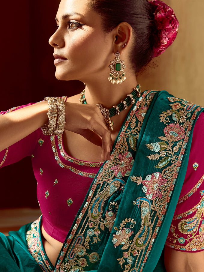 Teal Blue Satin Embroidery Sequence work Saree with Unstitched Blouse Piece Trendmalls