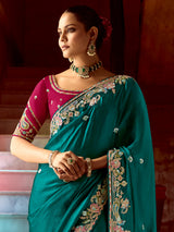 Teal Blue Satin Embroidery Sequence work Saree with Unstitched Blouse Piece Trendmalls