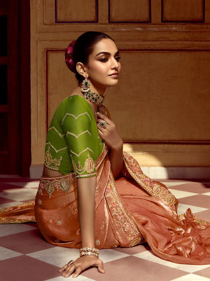 Orange Satin Embroidery Sequence work Saree with Unstitched Blouse Piece Trendmalls