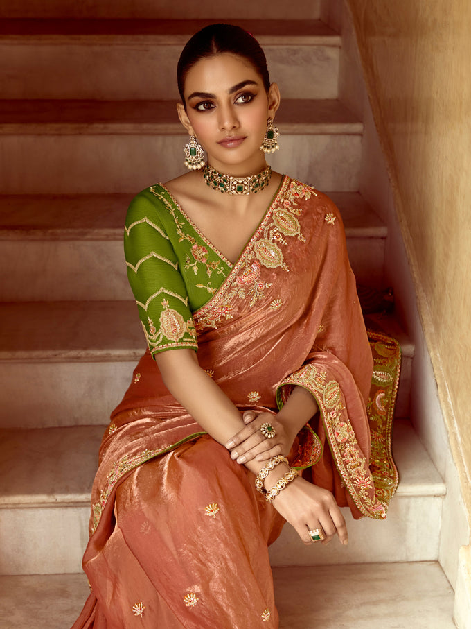 Orange Satin Embroidery Sequence work Saree with Unstitched Blouse Piece Trendmalls