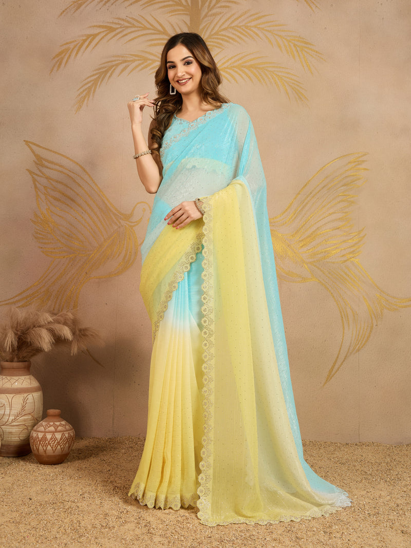 Skyblueyellow Tussar Silk Siroski Work Saree with Unstitch Blouse Piece