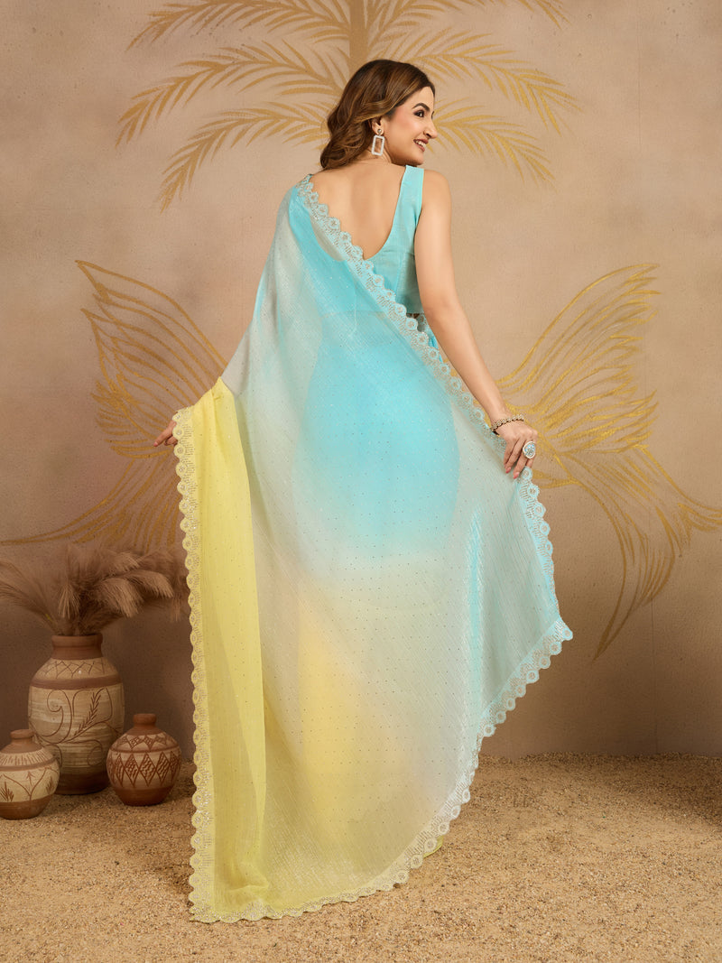 Skyblueyellow Tussar Silk Siroski Work Saree with Unstitch Blouse Piece