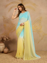 Skyblueyellow Tussar Silk Siroski Work Saree with Unstitch Blouse Piece