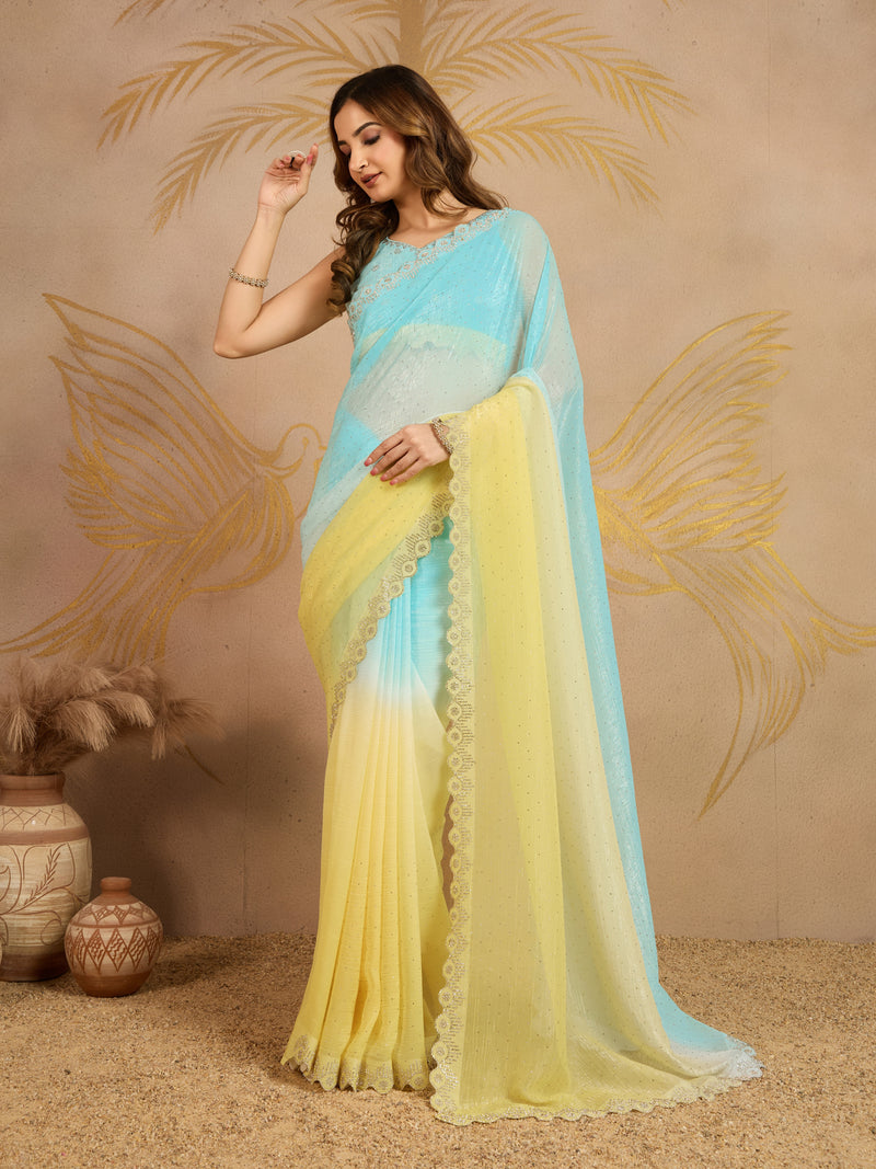 Skyblueyellow Tussar Silk Siroski Work Saree with Unstitch Blouse Piece