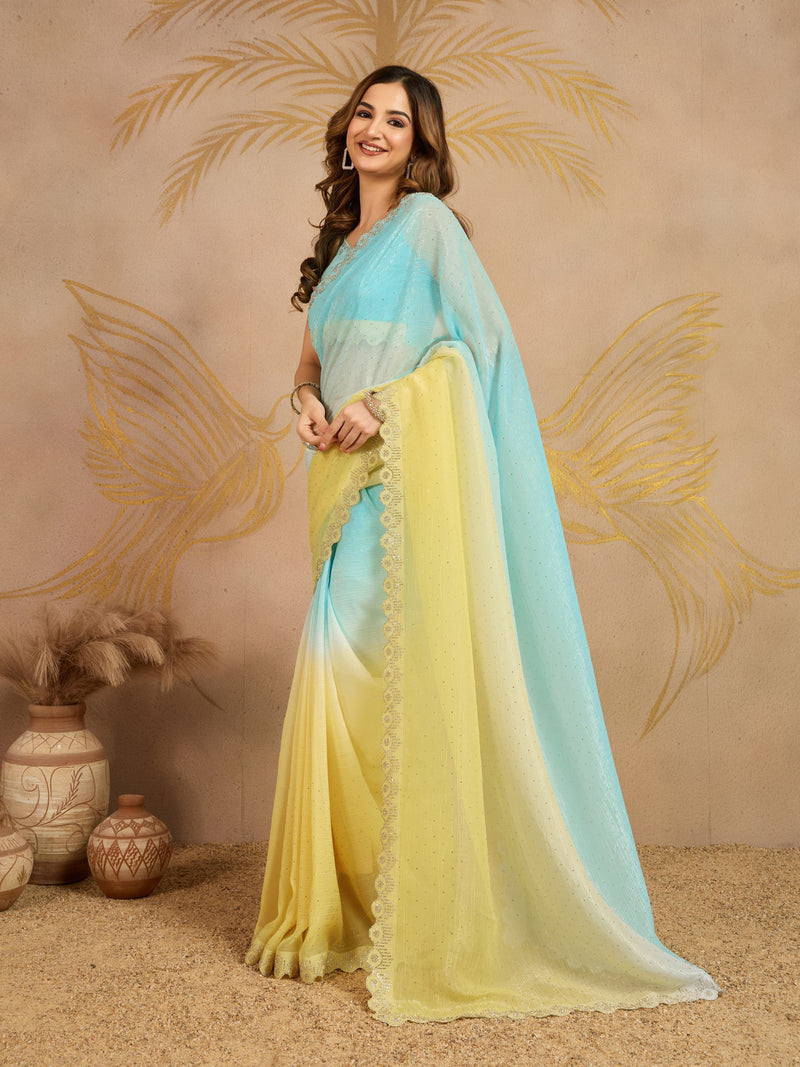 Skyblueyellow Tussar Silk Siroski Work Saree with Unstitch Blouse Piece