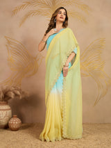 Skyblueyellow Tussar Silk Siroski Work Saree with Unstitch Blouse Piece