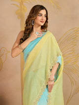 Skyblueyellow Tussar Silk Siroski Work Saree with Unstitch Blouse Piece