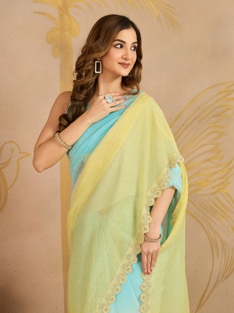 Skyblueyellow Tussar Silk Siroski Work Saree with Unstitch Blouse Piece