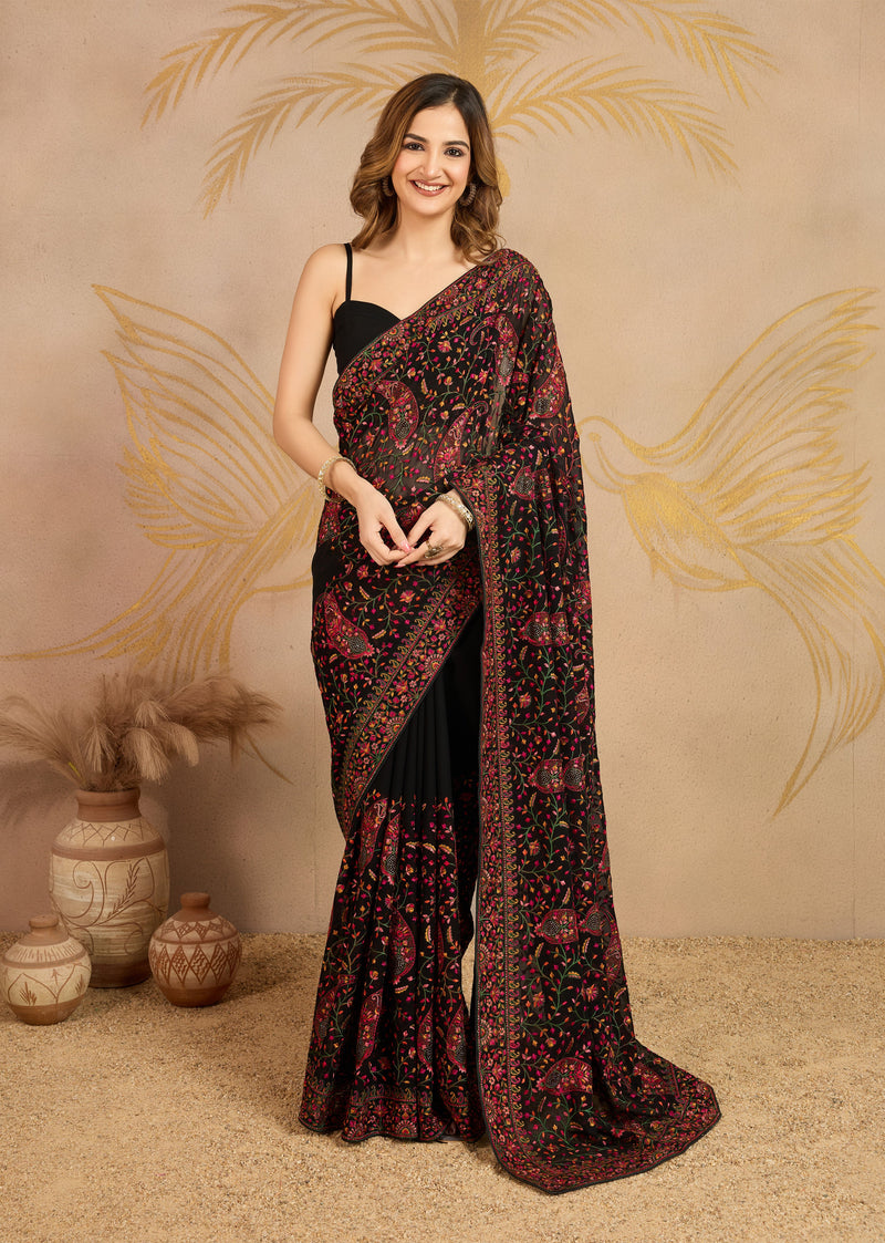Black Georgette Multi Colour Resham Thread Embroidery with Siroski work Saree with Unstitched Blouse Piece For Women's Trendmalls