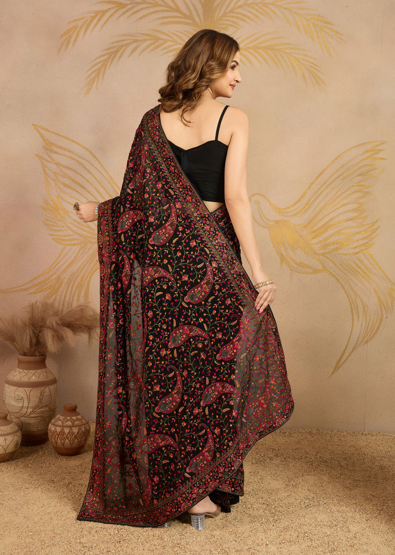 Black Georgette Multi Colour Resham Thread Embroidery with Siroski work Saree with Unstitched Blouse Piece For Women's Trendmalls