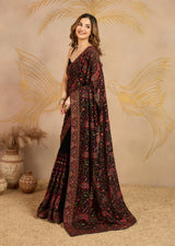 Black Georgette Multi Colour Resham Thread Embroidery with Siroski work Saree with Unstitched Blouse Piece For Women's