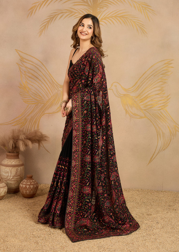 Black Georgette Multi Colour Resham Thread Embroidery work Saree with Unstitched Blouse Piece For Women's Trendmalls