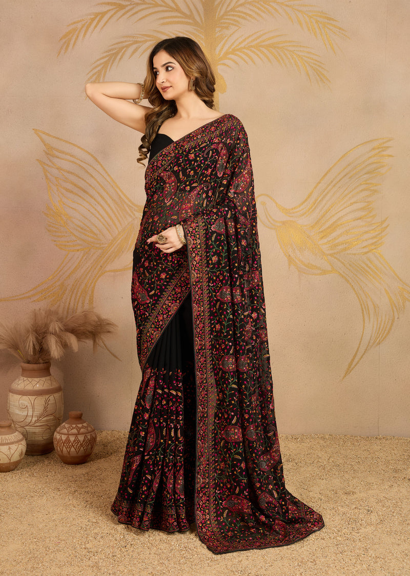 Black Georgette Multi Colour Resham Thread Embroidery with Siroski work Saree with Unstitched Blouse Piece For Women's Trendmalls