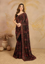 Black Georgette Multi Colour Resham Thread Embroidery with Siroski work Saree with Unstitched Blouse Piece For Women's