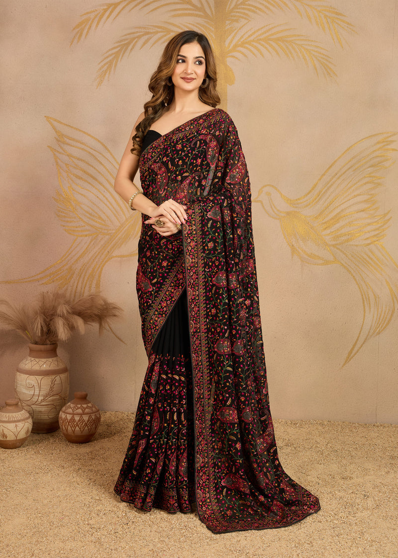 Black Georgette Multi Colour Resham Thread Embroidery with Siroski work Saree with Unstitched Blouse Piece For Women's Trendmalls