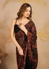 Black Georgette Multi Colour Resham Thread Embroidery with Siroski work Saree with Unstitched Blouse Piece For Women's Trendmalls