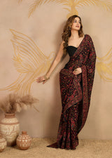 Black Georgette Multi Colour Resham Thread Embroidery with Siroski work Saree with Unstitched Blouse Piece For Women's Trendmalls