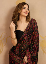 Black Georgette Multi Colour Resham Thread Embroidery with Siroski work Saree with Unstitched Blouse Piece For Women's