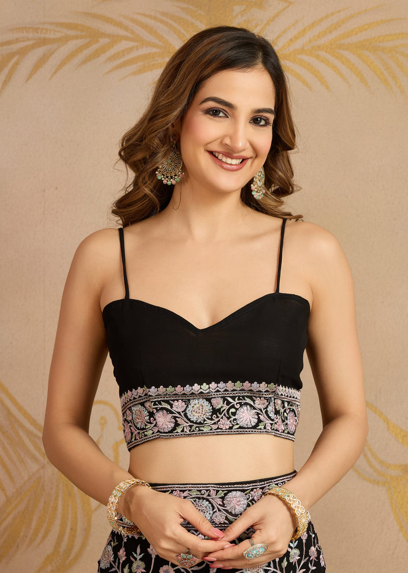 Black Georgette Multi Colour Resham Thread Embroidery with Siroski work Saree with Unstitched Blouse Piece For Women's Trendmalls