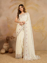 OffWhite Geogette Embroidery Zarkan Work Saree with Unstitched Blouse Piece For Women's