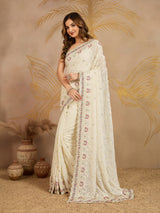 OffWhite Geogette Embroidery Zarkan Work Saree with Unstitched Blouse Piece For Women's