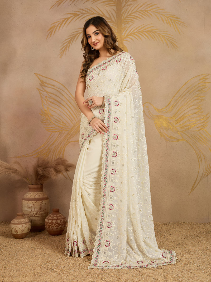 OffWhite Geogette Embroidery Zarkan Work Saree with Unstitched Blouse Piece For Women's