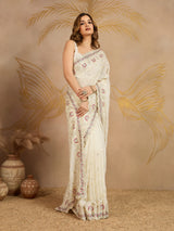 OffWhite Geogette Embroidery Zarkan Work Saree with Unstitched Blouse Piece For Women's