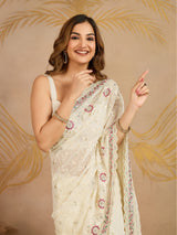 OffWhite Geogette Embroidery Zarkan Work Saree with Unstitched Blouse Piece For Women's