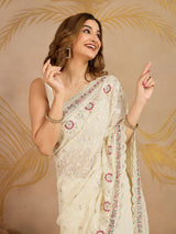 OffWhite Geogette Embroidery Zarkan Work Saree with Unstitched Blouse Piece For Women's
