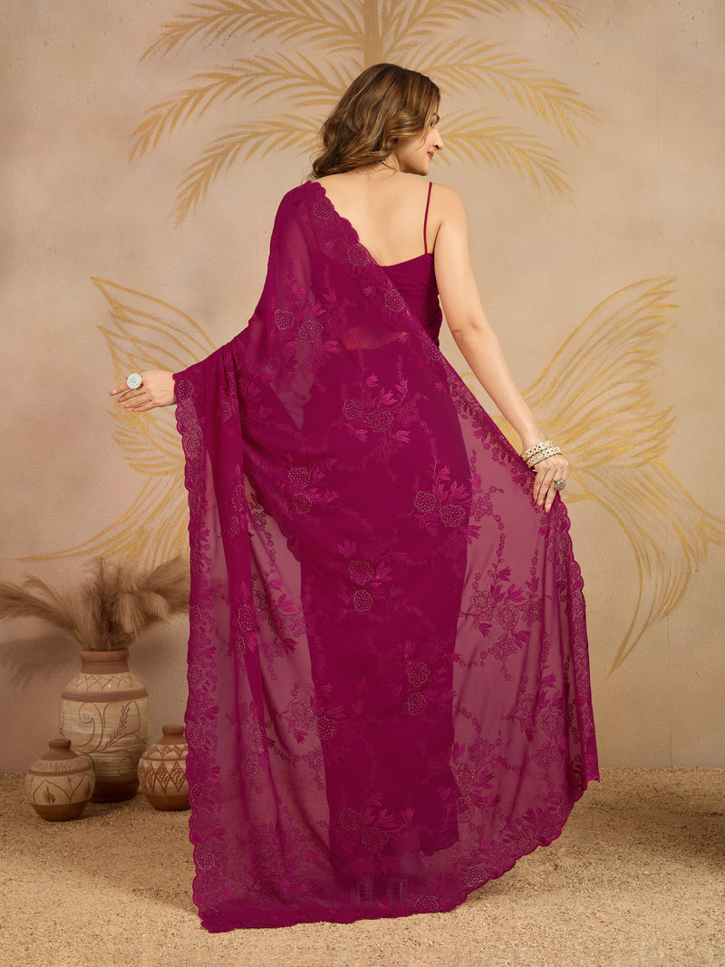 Darkpink Geogette Embroidery Siroski Work Saree with Unstitched Blouse Piece For Women's