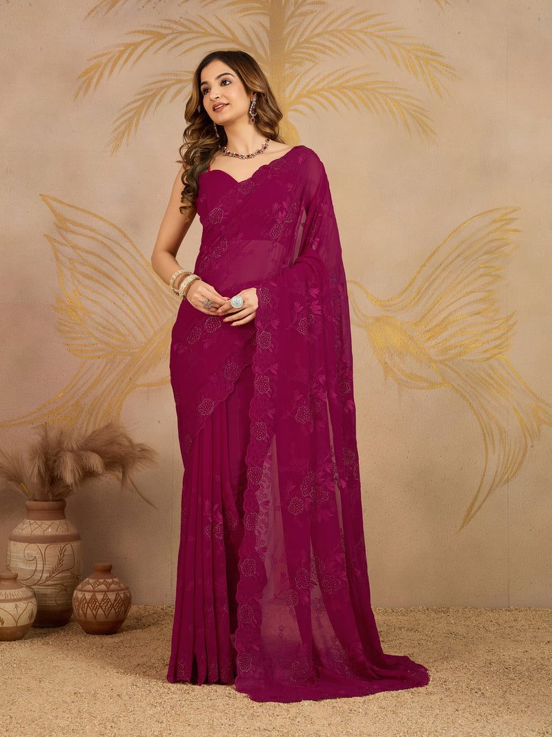 Darkpink Geogette Embroidery Siroski Work Saree with Unstitched Blouse Piece For Women's