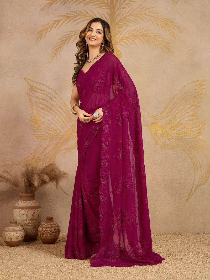 Darkpink Geogette Embroidery Siroski Work Saree with Unstitched Blouse Piece For Women's