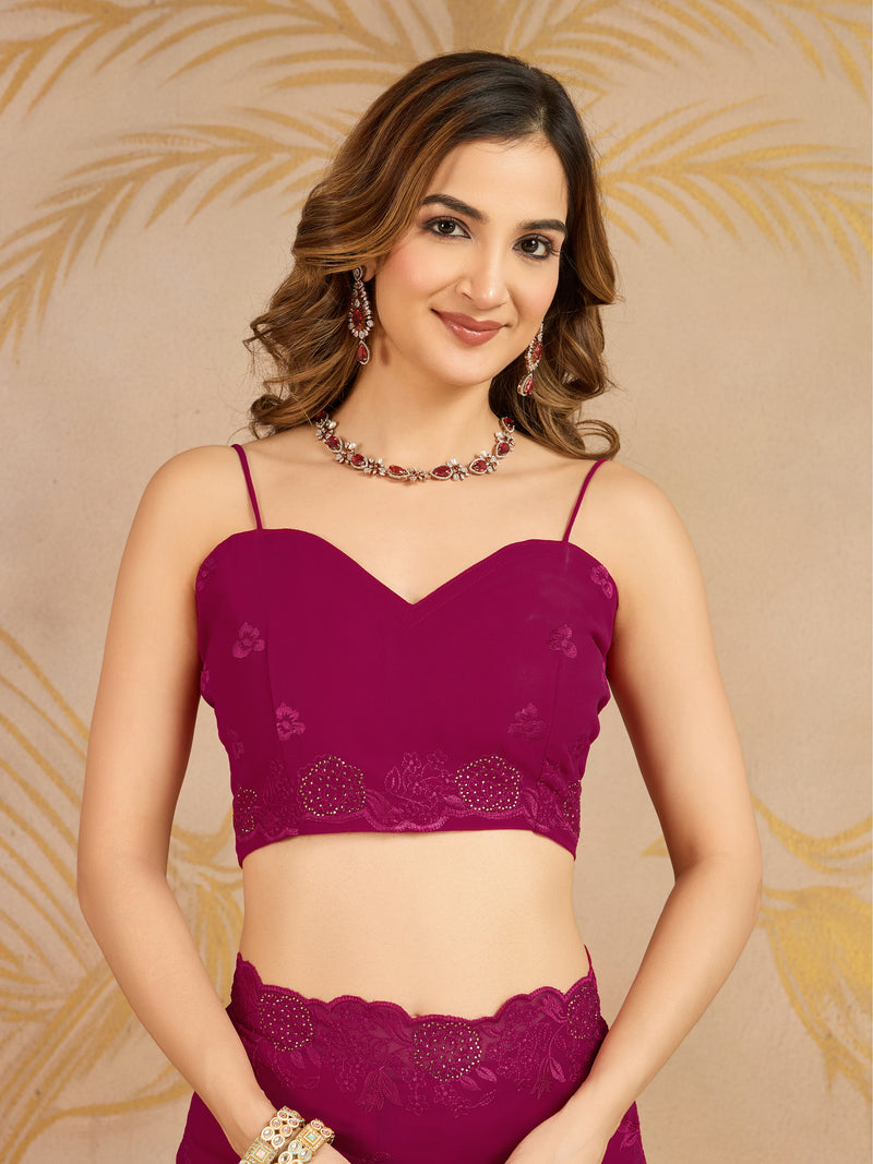 Darkpink Geogette Embroidery Siroski Work Saree with Unstitched Blouse Piece For Women's