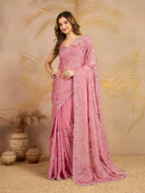 Lightpink Satin Embroidery work Saree with Unstitched Blouse Piece For Women's