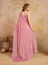 Lightpink Satin Embroidery work Saree with Unstitched Blouse Piece For Women's Trendmalls